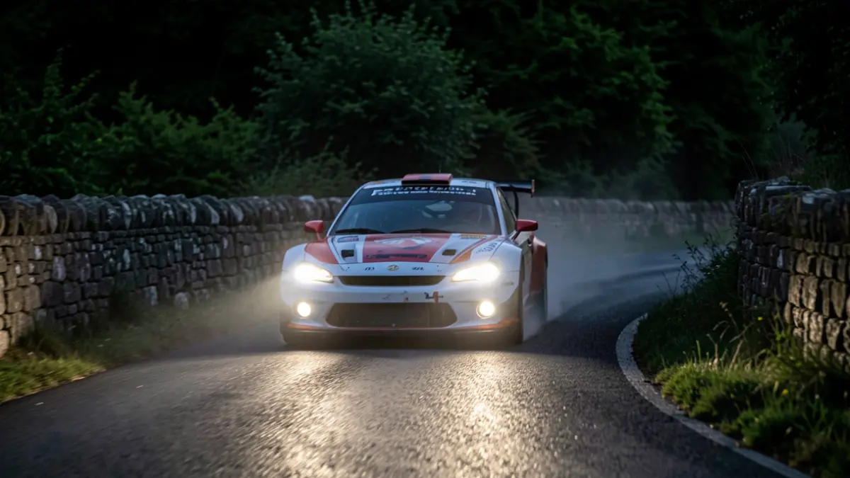 Imaxe xenérica de focos de rally nocturnos iluminando unha estrada de asfalto sinuosa nunha paisaxe galega con muros de pedra e vexetación densa.