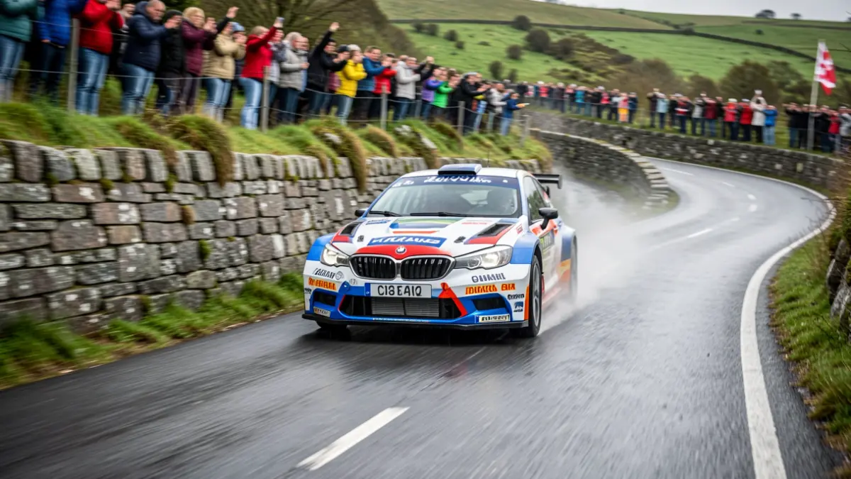 Imaxe dun coche de rally correndo nunha estrada mollada e con curvas en Galicia, con muros de pedra de granito e vexetación verde.
