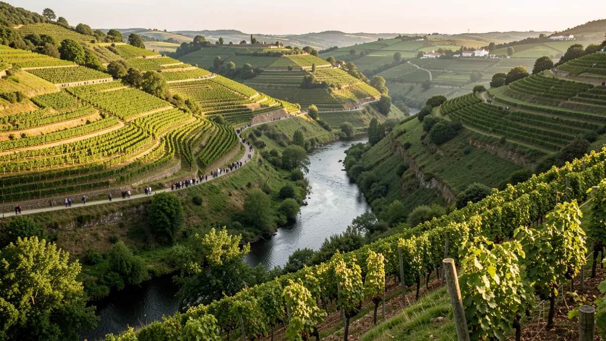 Imaxe xenérica do val do río Sil en Galicia, con viñedos en socalcos e o río serpenteando.