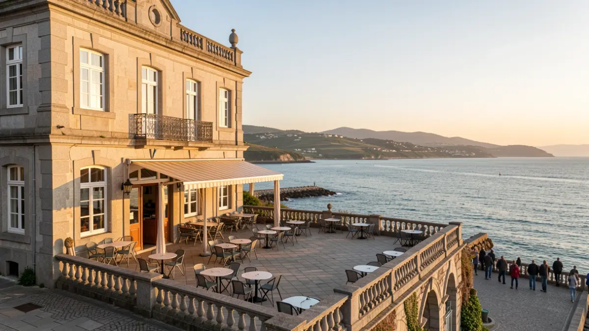 Vista exterior de un histórico restaurante marinero en Vigo, Galicia, con terraza y vistas a la ría.