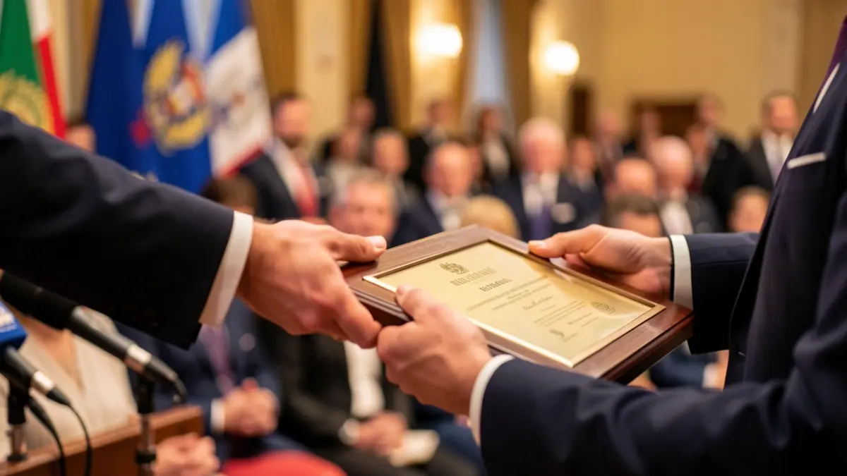 Imaxe xenérica dunha man recibindo un premio nun evento oficial.