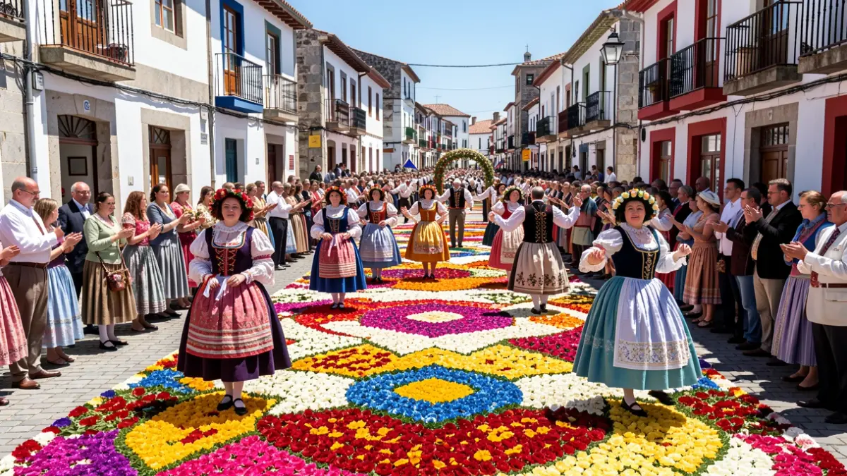 Imaxe xenérica de alfombras florais e bailes tradicionais na Festa da Coca de Redondela.
