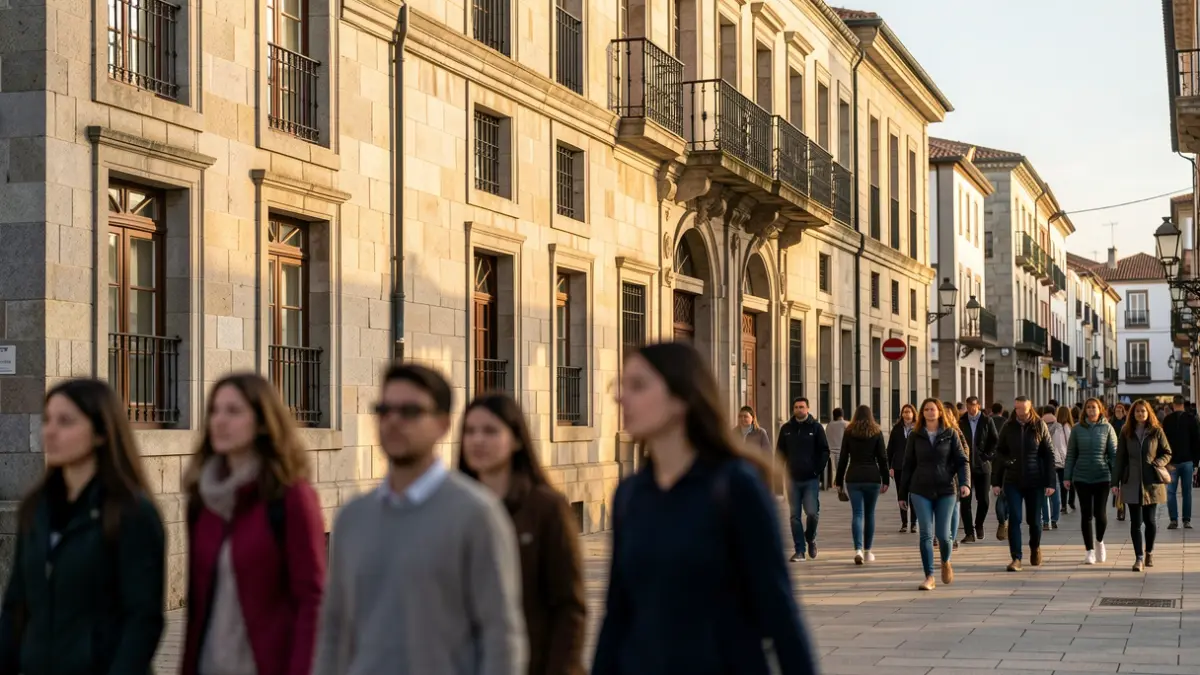 Imaxe xenérica dun instituto histórico de Padrón, Galicia, con estudantes borrosos camiñando cara adiante.