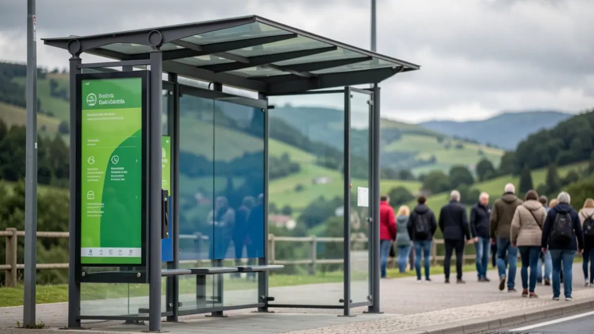 Imaxe xenérica dunha parada de autobús en Galicia con fondo de paisaxe verde e ceo nubrado.
