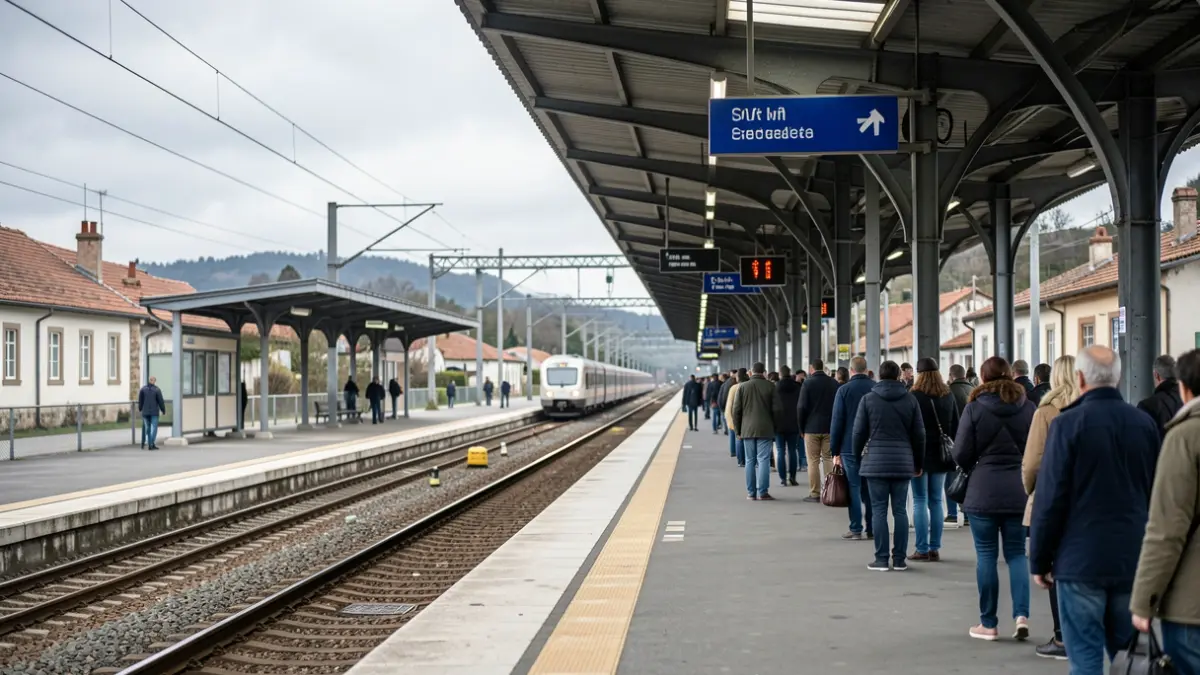 Imagen genérica de una estación de tren en Galicia con vías y señalización borrosas.