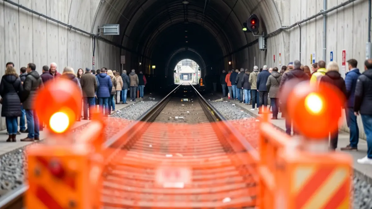 Imagen genérica de vías de tren con barreras de construcción y luces de advertencia.