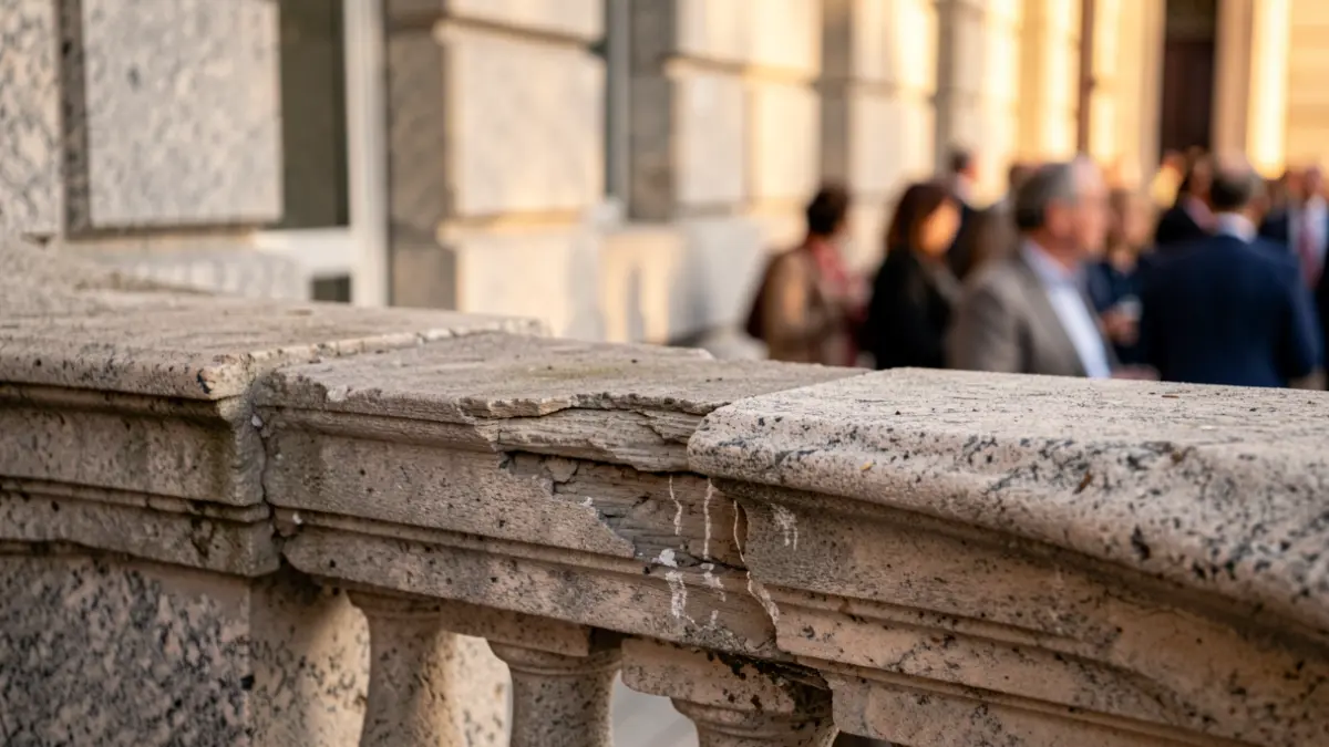 Primer plano de un balcón de piedra dañado en un edificio histórico.