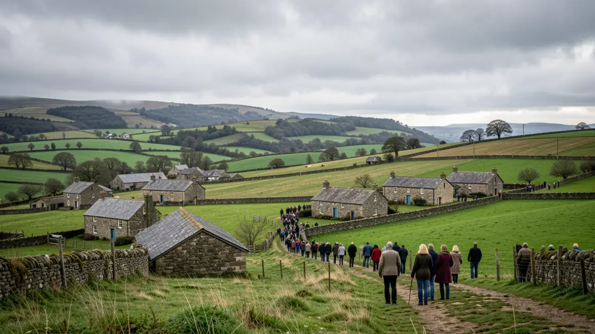 Imaxe xenérica de paisaxe rural galega con casas de pedra e campos verdes baixo un ceo nubrado.