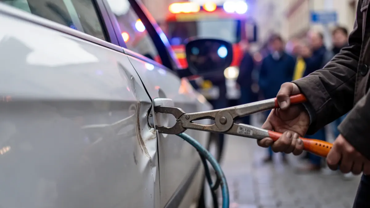 Imaxe xenérica de ferramentas de desencarceración actuando sobre un coche.