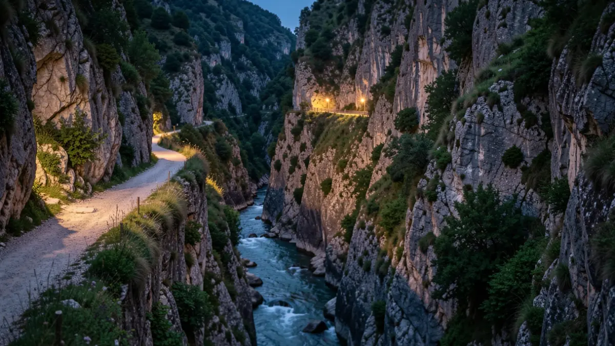Imagen de una profunda y escarpada garganta con un estrecho sendero pegado al acantilado, iluminada artificialmente.