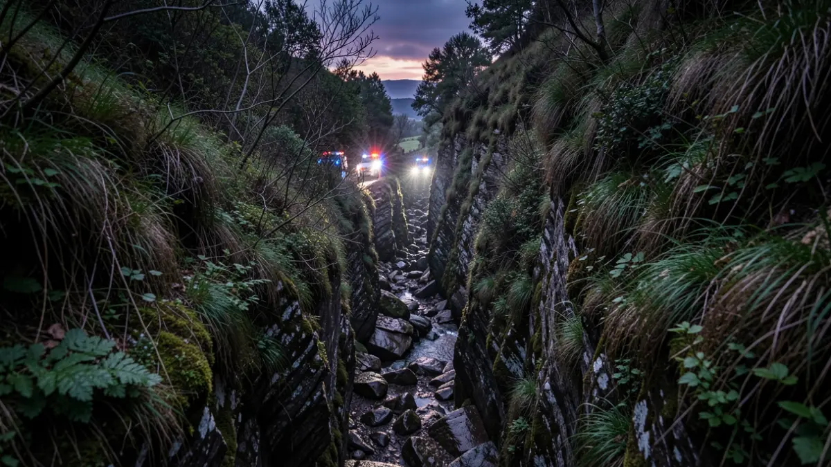 Imagen genérica de un barranco peligroso en Galicia al anochecer con luces de emergencia.