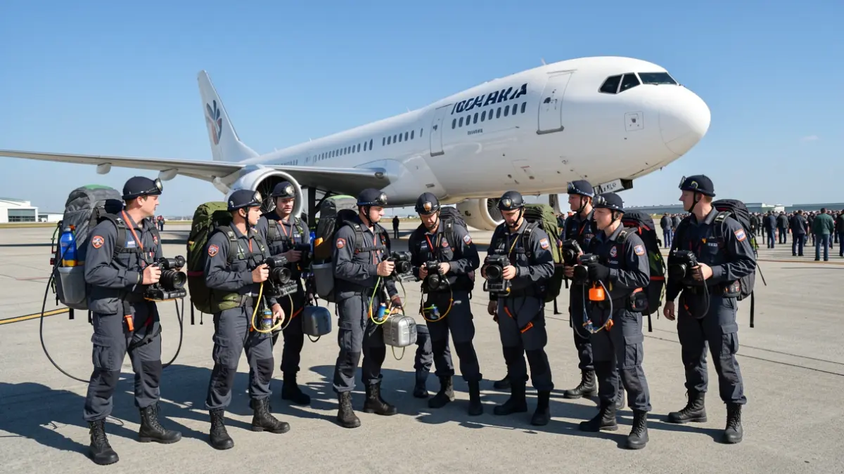 Imaxe xenérica dun grupo de rescatadores diante dun avión nunha base aérea.