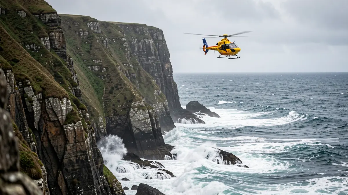 Imaxe xenérica de acantilado costeiro galego con helicóptero de rescate.