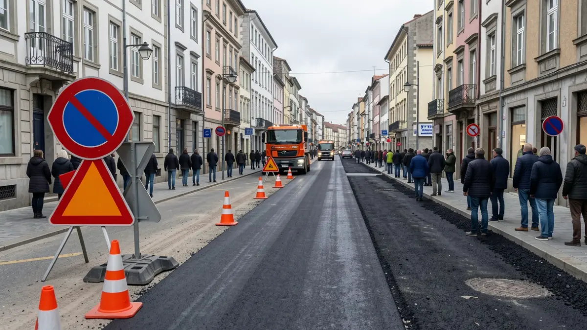 Imaxe xenérica de obras na calzada dunha avenida urbana galega con sinalización de tráfico provisional.