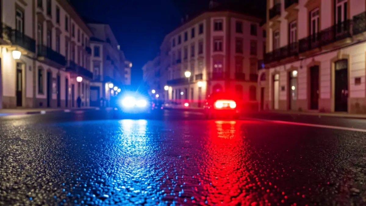 Imagen genérica de luces de emergencia reflejando en una calle mojada por la noche en Ourense.