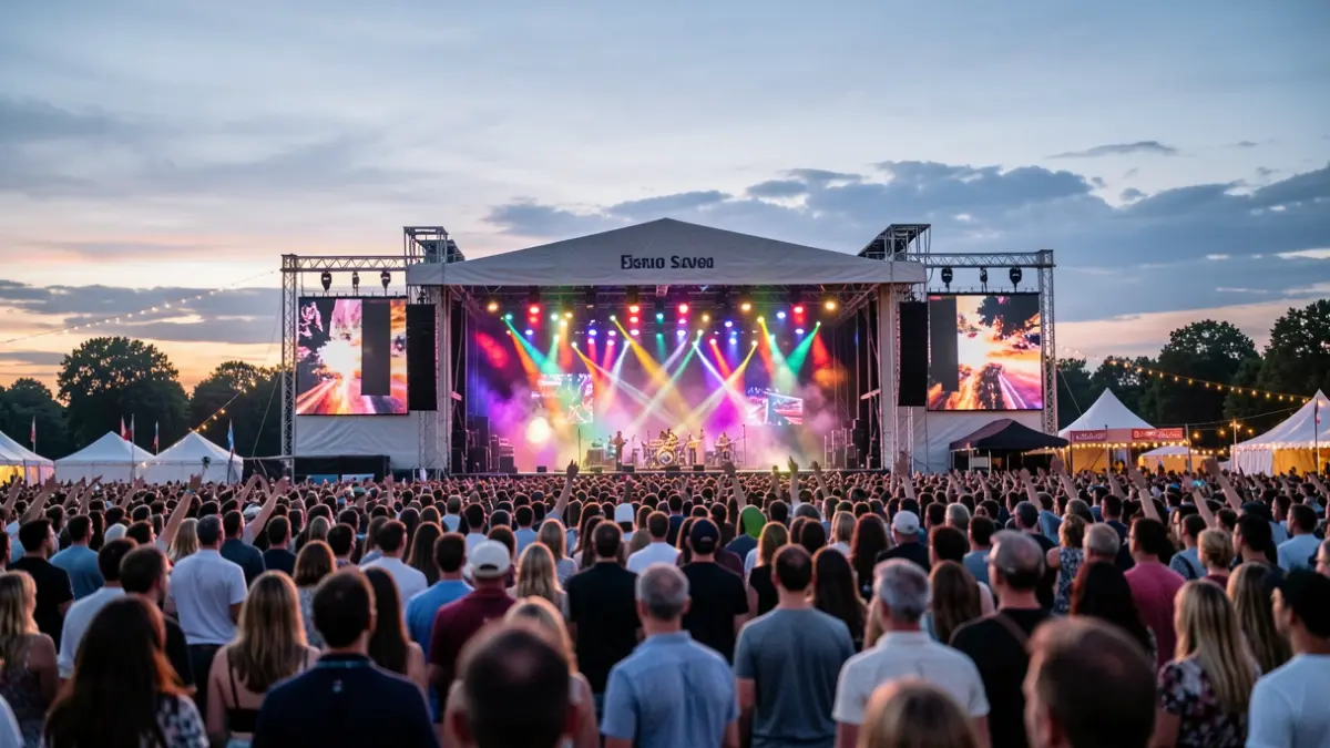 Imaxe xenérica dun gran festival de música ao aire libre con luces de escenario vibrantes e unha multitude borrosa.