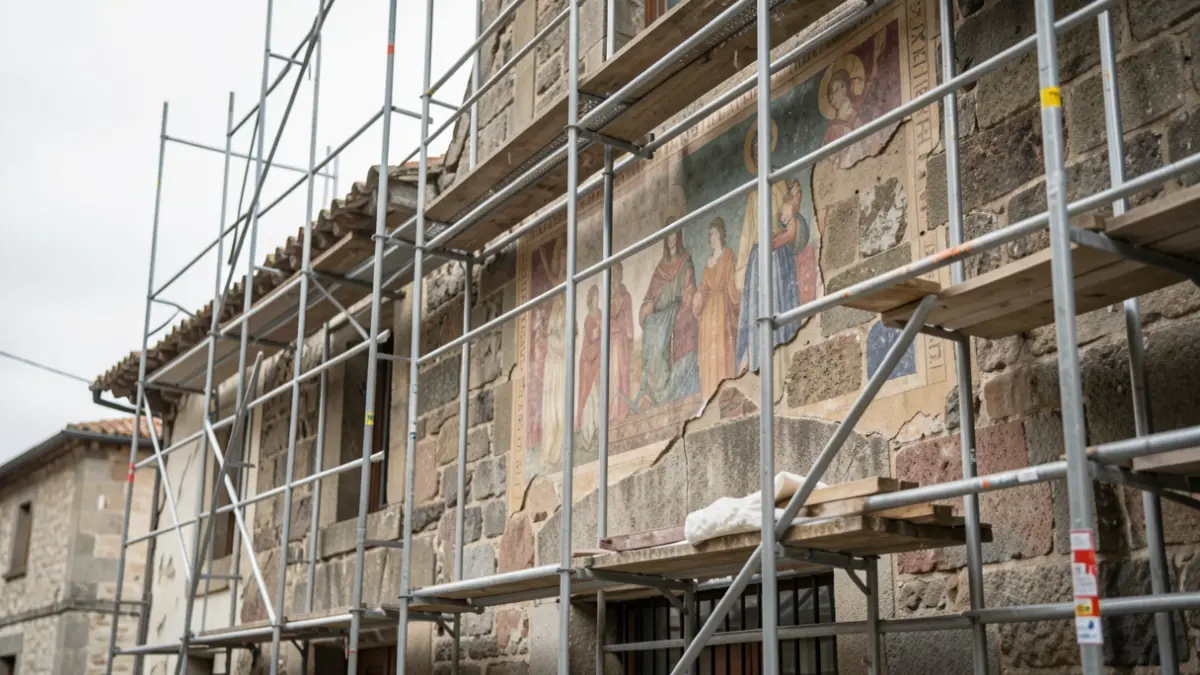 Imaxe xenérica dunha fachada de edificio histórico en Galicia con restos dun mural descolorido e andamios.