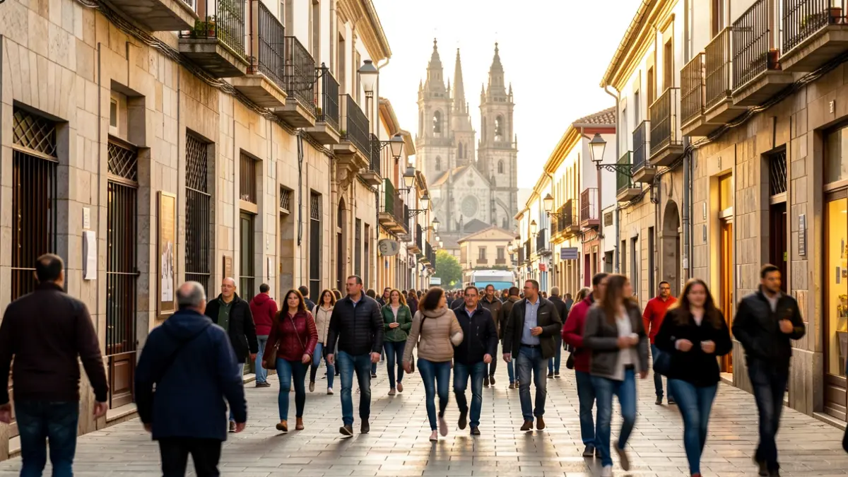Imaxe xenérica dunha rúa animada en Santiago de Compostela con xente e edificios de granito.
