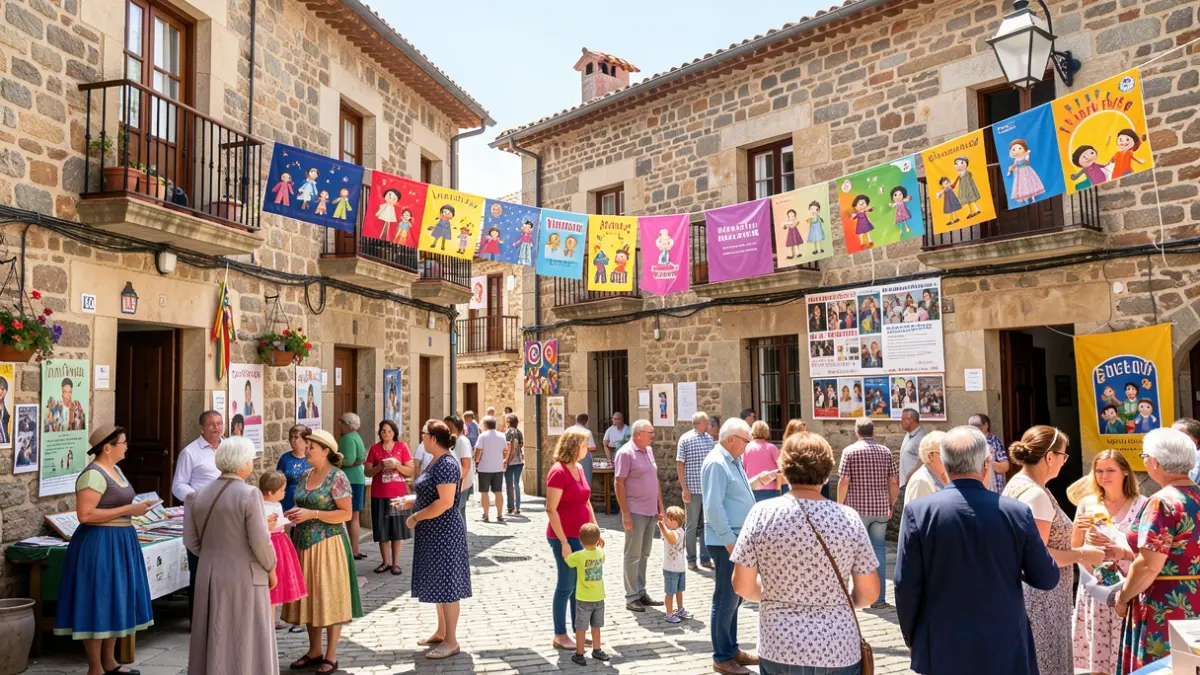 Imagen de una calle animada en una plaza gallega con carteles de un festival de títeres.