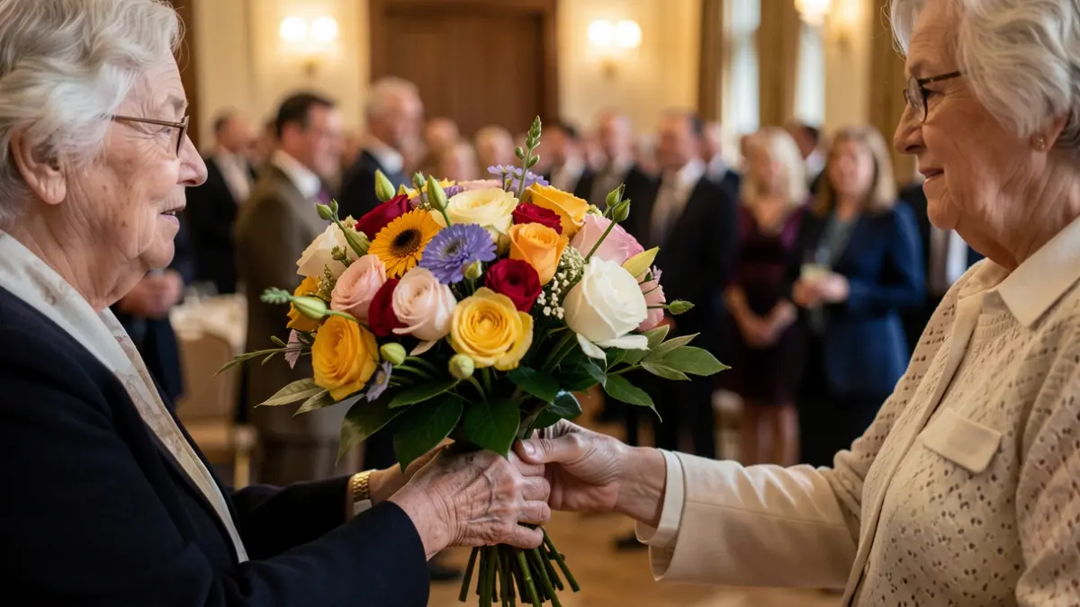 Primeira imaxe dun ramo de flores entregado a unha muller maior nun acto oficial.