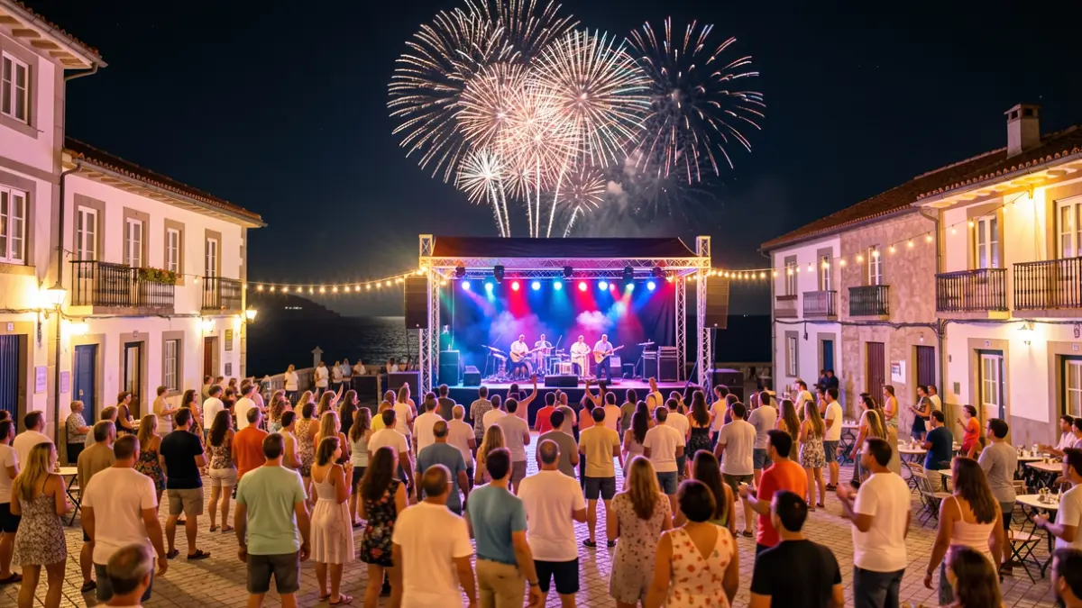 Imaxe xenérica dunha festa de verán na costa galega con música e fogos artificiais.
