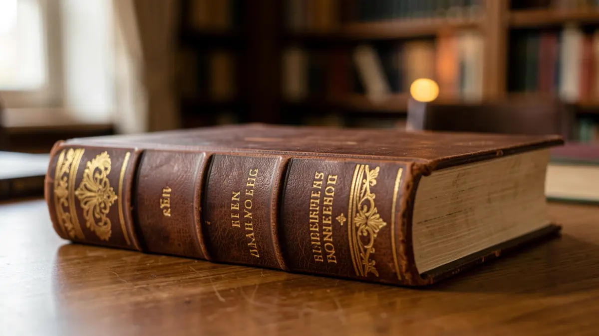 Primera página de un libro antiguo con encuadernación de cuero y letras doradas, sobre una mesa de madera con luz cálida.