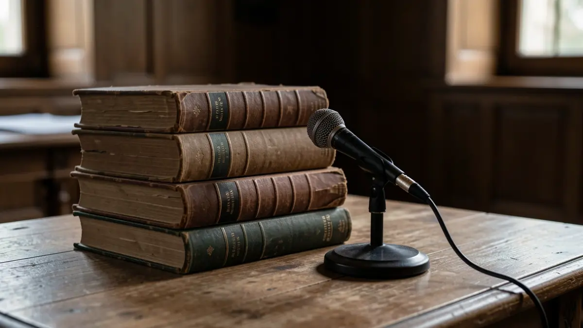 Imaxe xenérica de libros antigos e un micrófono nun ambiente de recordo histórico.