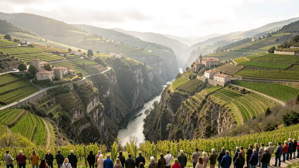 Imaxe panorámica da paisaxe da Ribeira Sacra en Galicia, con cañóns de ríos escarpados, viñedos en socalcos e mosteiros antigos.