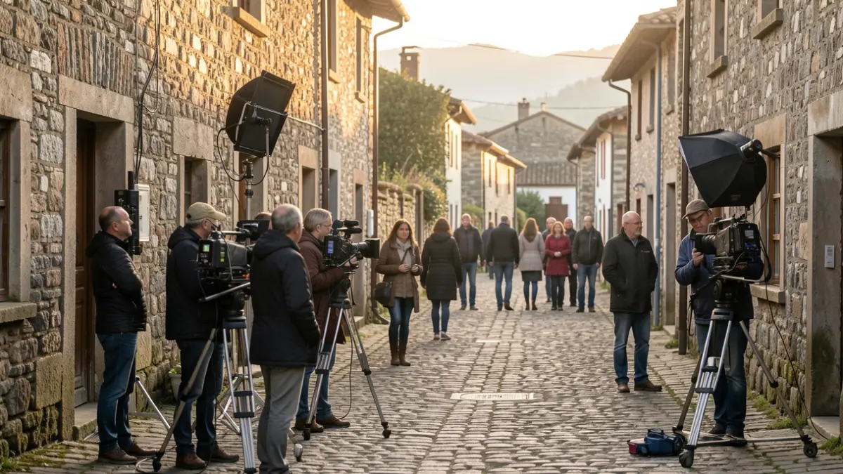 Imaxe xenérica dun equipo de rodaxe cinematográfica traballando nunha rúa rural de Galicia.