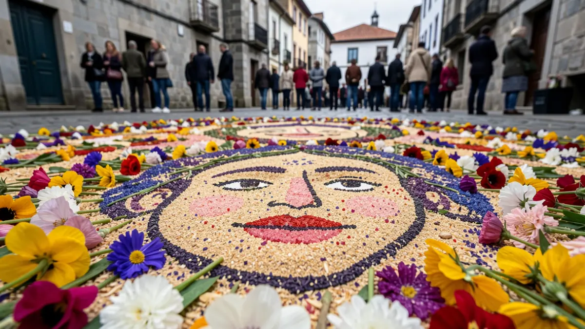 Imaxe dunha alfombra floral co rostro dun artista, feita con materiais naturais.
