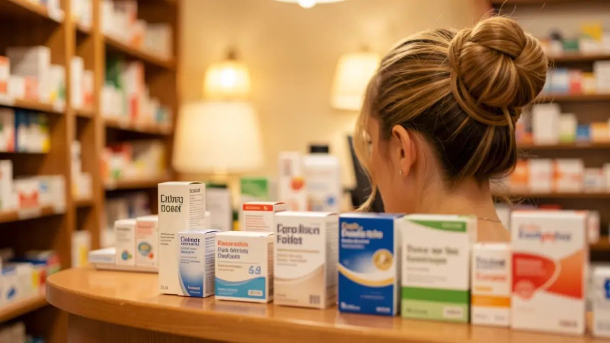 Imaxe xenérica dun mostrador de farmacia con medicamentos e un peiteado característico de fondo.