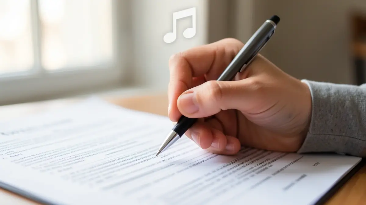 Primer plano de la mano de un estudiante con un bolígrafo sobre un examen, con un sutil indicio de un icono musical al fondo.