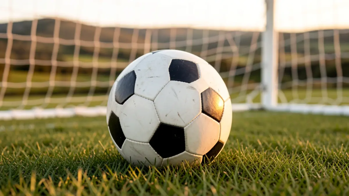 Imaxe xenérica dun balón de fútbol sobre herba con rede de fondo.