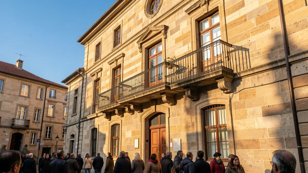 Imaxe xenérica dun concello de pedra con balcón ornamentado e raís de ferro, luz solar cálida da tarde proxectando sombras nas paredes de arenito, ceo azul.