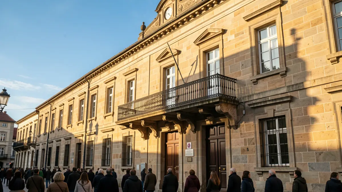 Imaxe xenérica dunha casa consistorial de pedra galega con balcón e reixas de ferro, luz solar cálida da tarde.