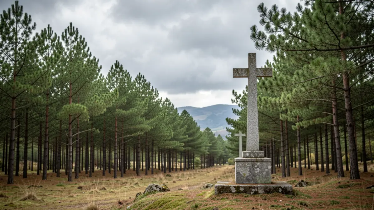 Imaxe xenérica dunha paisaxe forestal galega con piñeiros e un cruceiro de granito.