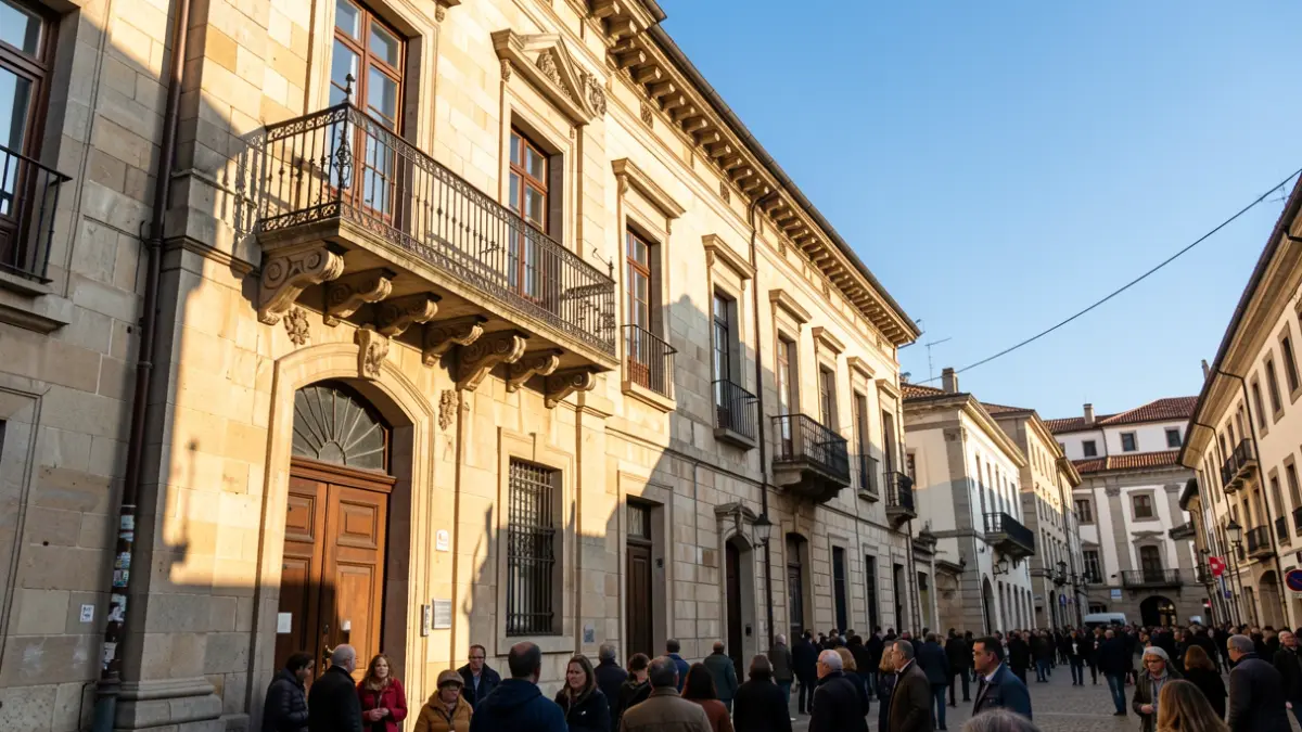 Imagen genérica de un ayuntamiento gallego de piedra con balcón y barandillas de hierro, luz solar cálida de la tarde.