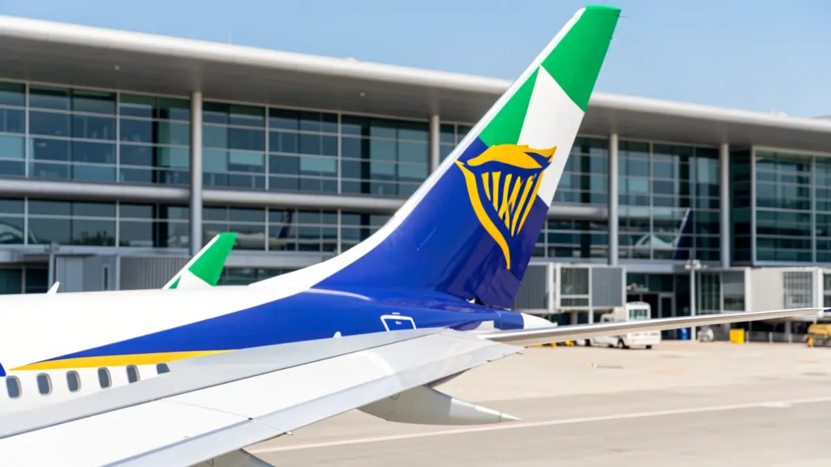 Imaxe dunha á dun avión de Ryanair coa bandeira irlandesa, diante dunha terminal aeroportuaria galega.