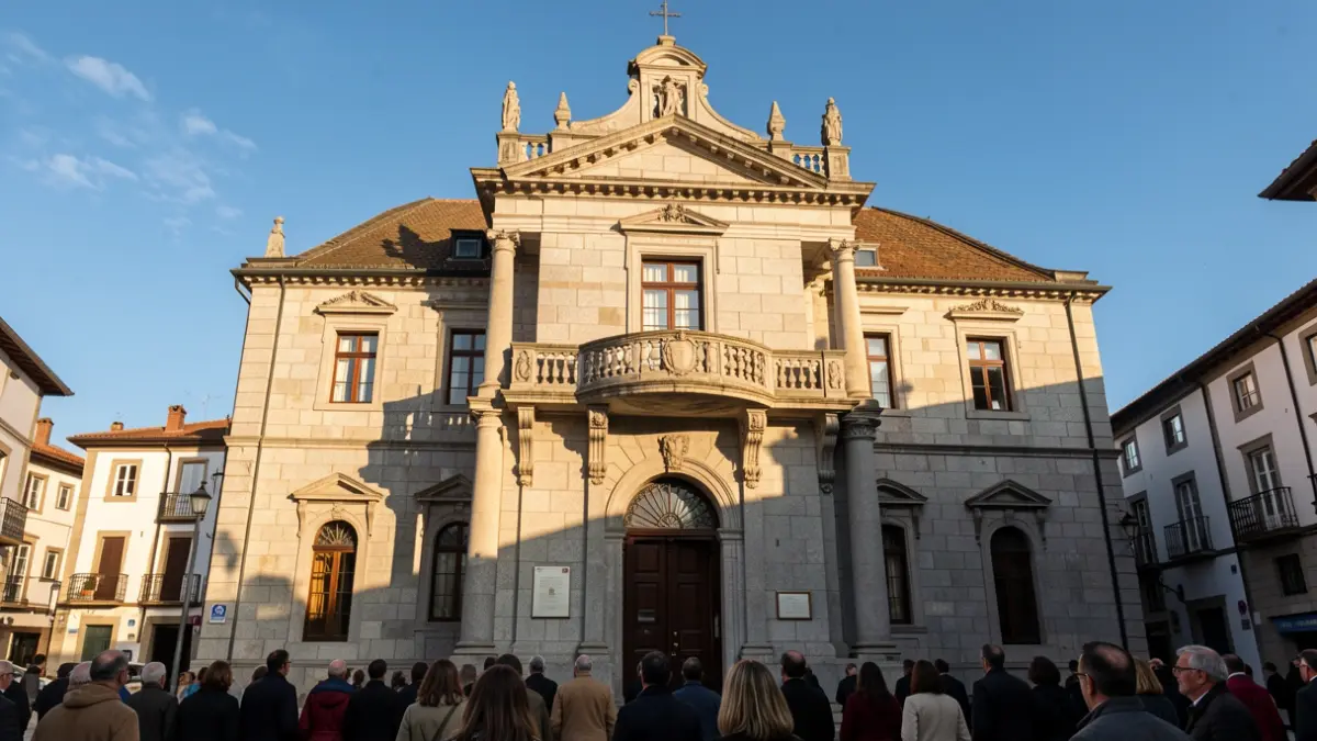 Imagen genérica de un ayuntamiento gallego de piedra con balcón ornamentado.
