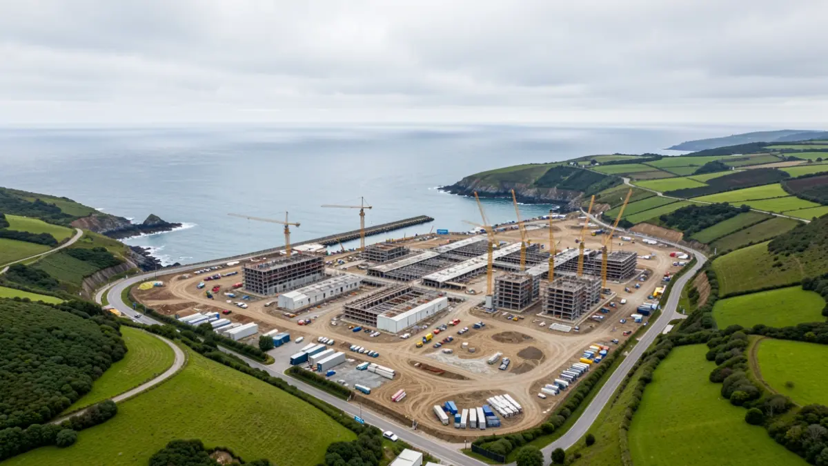 Vista aérea de un complejo industrial en construcción cerca de un puerto en Galicia.