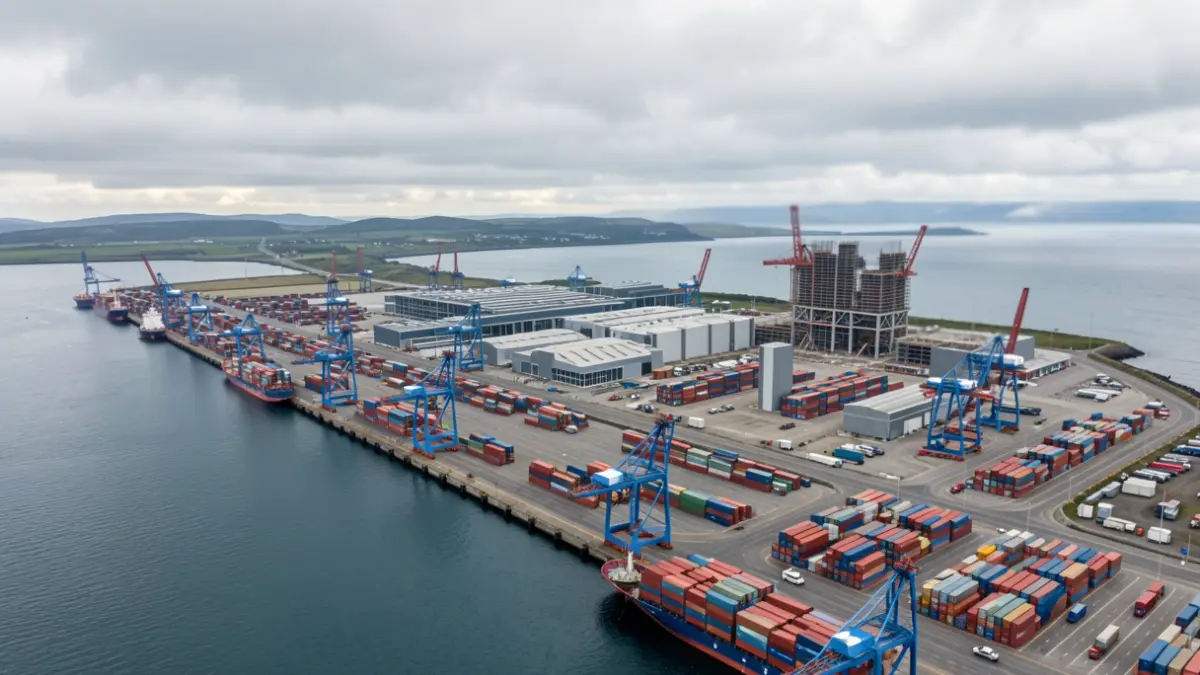 Vista aérea de un puerto industrial con grúas y la construcción de una nueva fábrica.