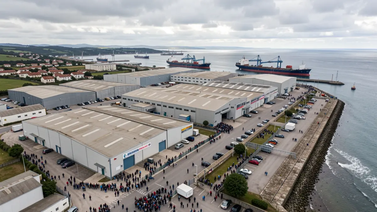 Imagen aérea de un gran complejo industrial cerca de un puerto con barcos atracados en Galicia.