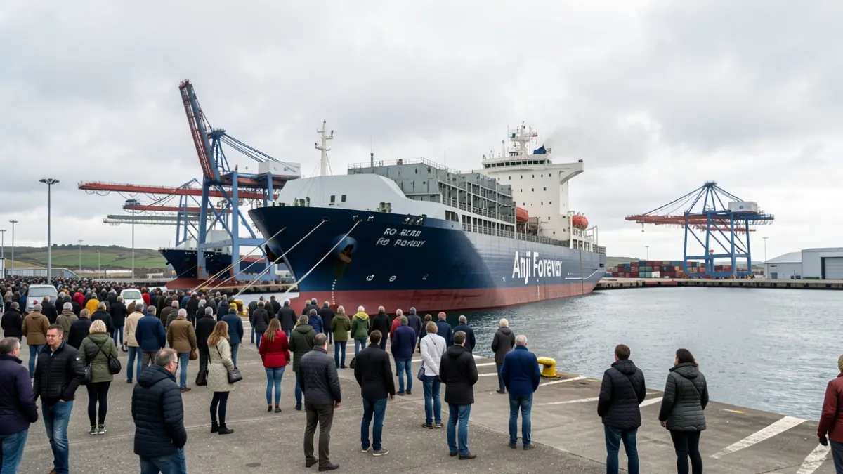 Imaxe xenérica dun buque de carga tipo Ro-Ro atracado nun porto industrial galego.