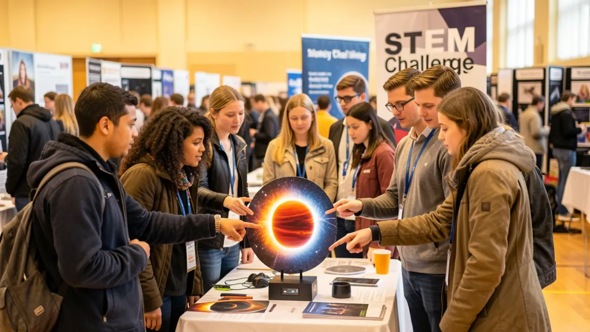 Imagen genérica de estudiantes y profesores en una feria de ciencia alrededor de un modelo de eclipse solar.