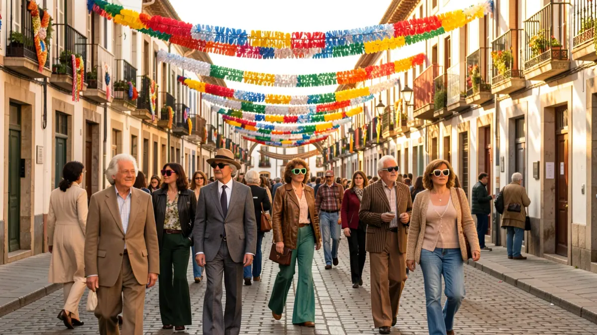 Calle decorada con guirnaldas y gente vestida a la moda de los años 70 en San Martiño Pinario.