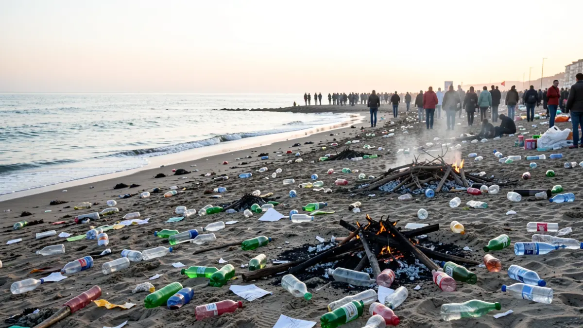 Imaxe dunha praia galega despois dunha festa, chea de lixo e restos de fogueiras.