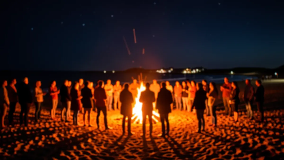 Imaxe xenérica de fogueira de San Xoán na praia, con xente arredor e ambiente festivo.