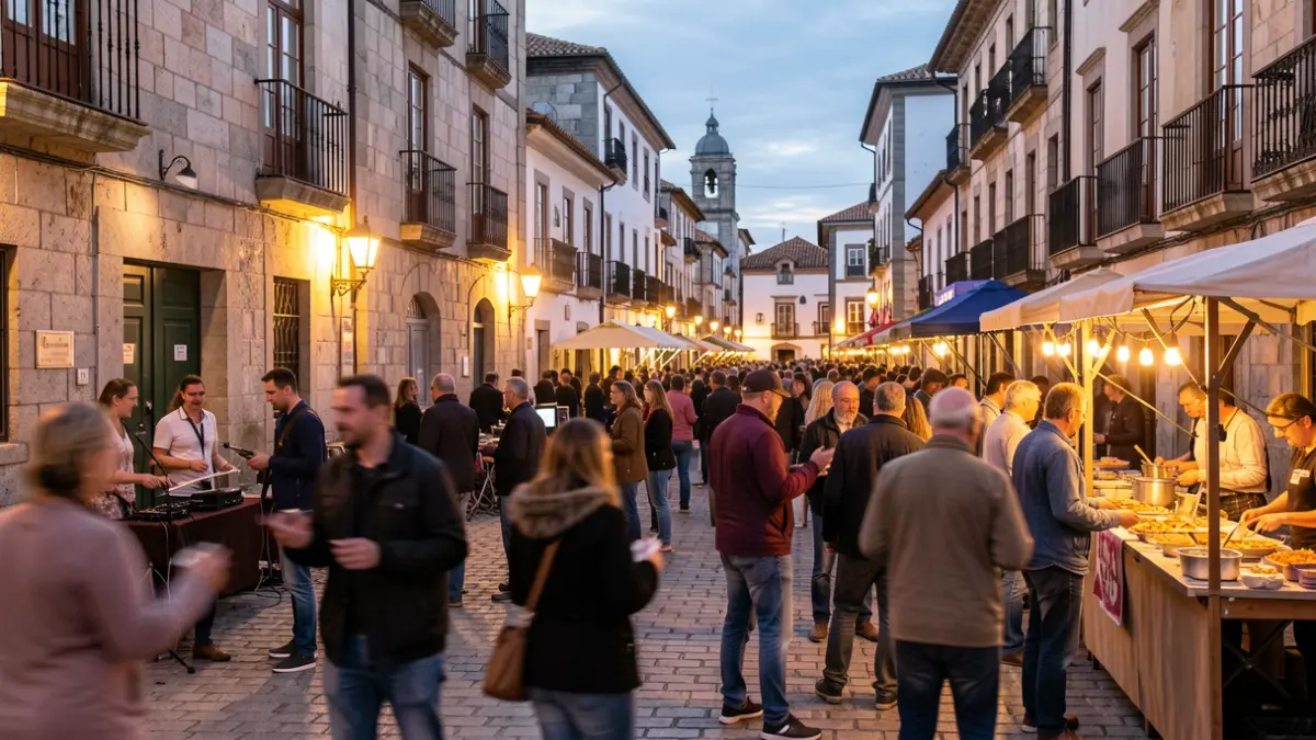 Imaxe xenérica dunha festa popular na praza dunha cidade galega ao anoitecer, con xente gozando da música e postos de comida.