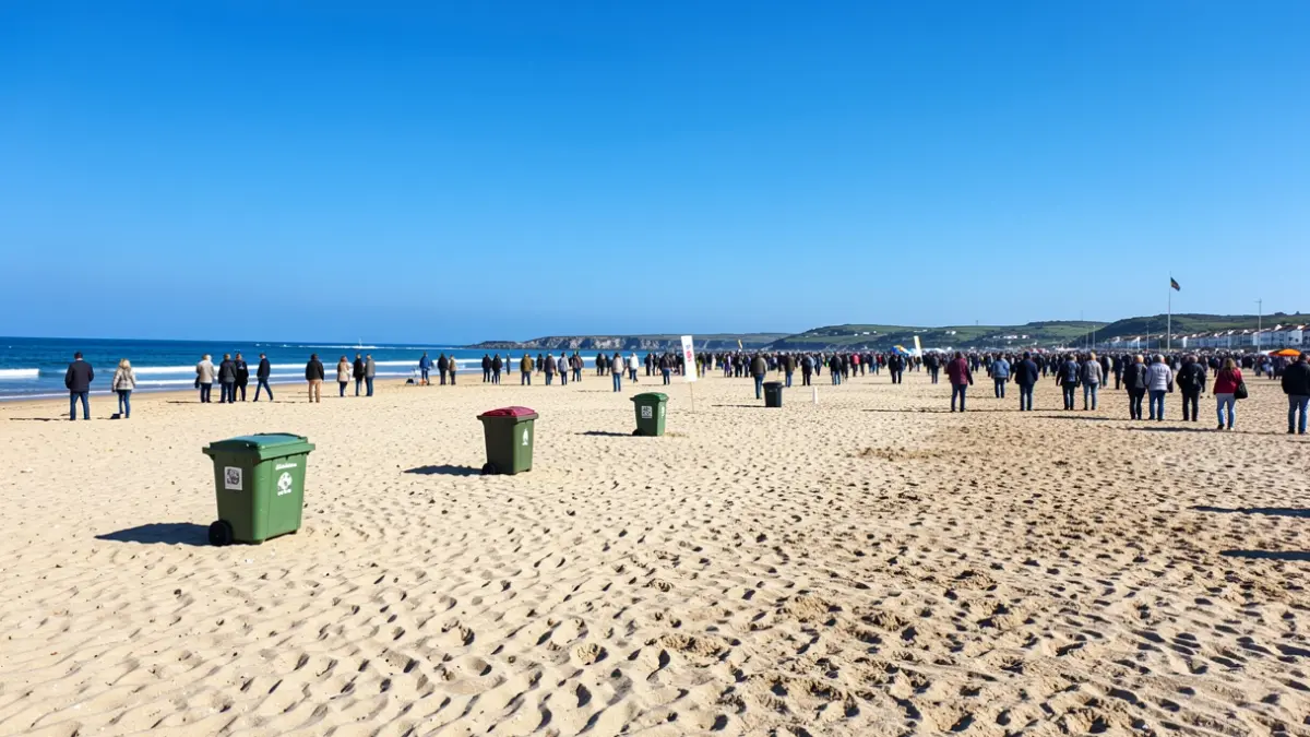 Imaxe xenérica dunha praia galega limpa con papeleiras, simbolizando a concienciación ambiental.