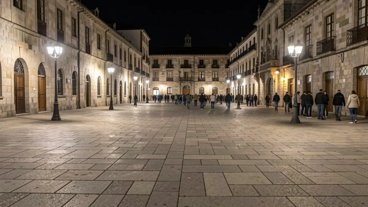 Imaxe xenérica dunha praza baleira en Santiago de Compostela pola noite, con arquitectura de granito e pouca luz.